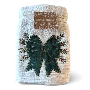 Arctic Holiday Christmas Hand Towels Velvet Green Bow Mistletoe 2 Pc Embroidered